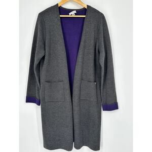 Calvin Klein Open Front Long Cardigan Gray Purple Knit Sweater Coatigan Size L